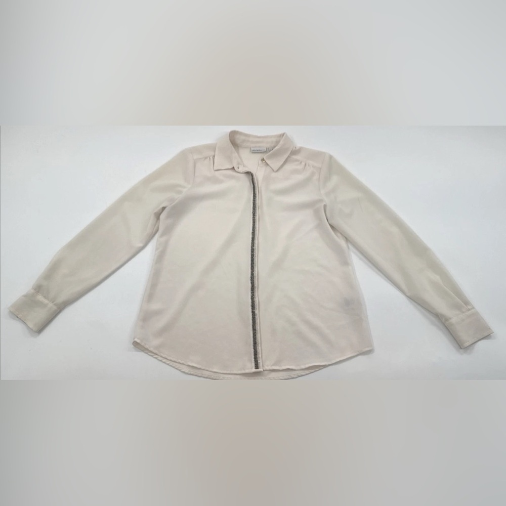Liz Claiborne Blouse Womens Small Ivory Sheer Long Sleeve Button Beaded Career